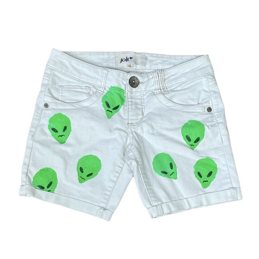 CUSTOM Jolt White Shorts Sz 1 Juniors Women Handpainted Alien Faces Streetwear
